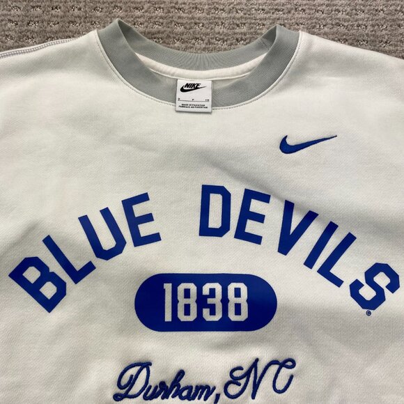 Nike Blue Devils NC 1838 Crew Neck Sweater Men Small S White Spell Out Swoosh - Picture 4 of 11